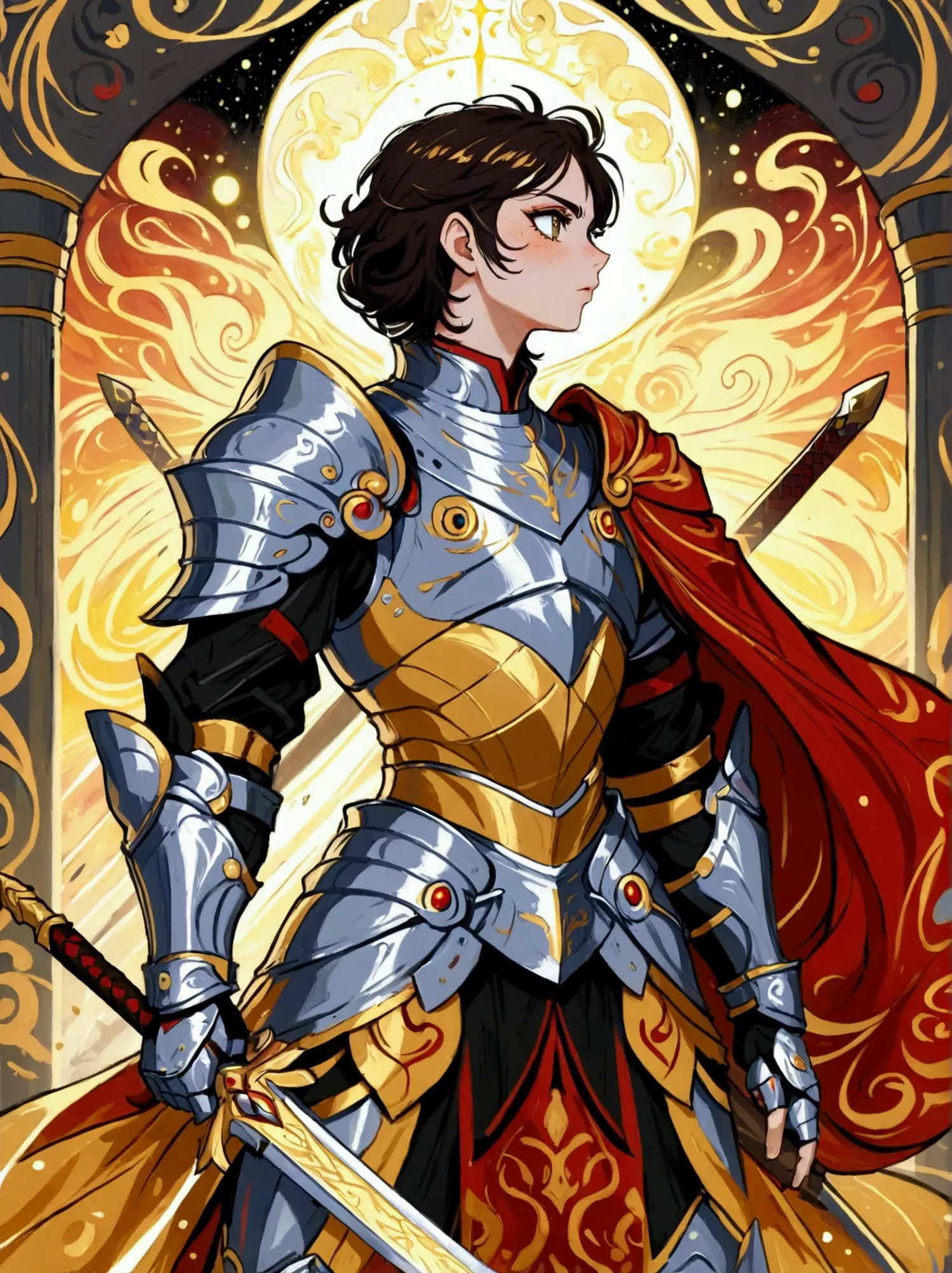 A majestic warrior, swathed in shimmering armor and brandishing a grand sword, is standing in the middle of an intense battle. T...