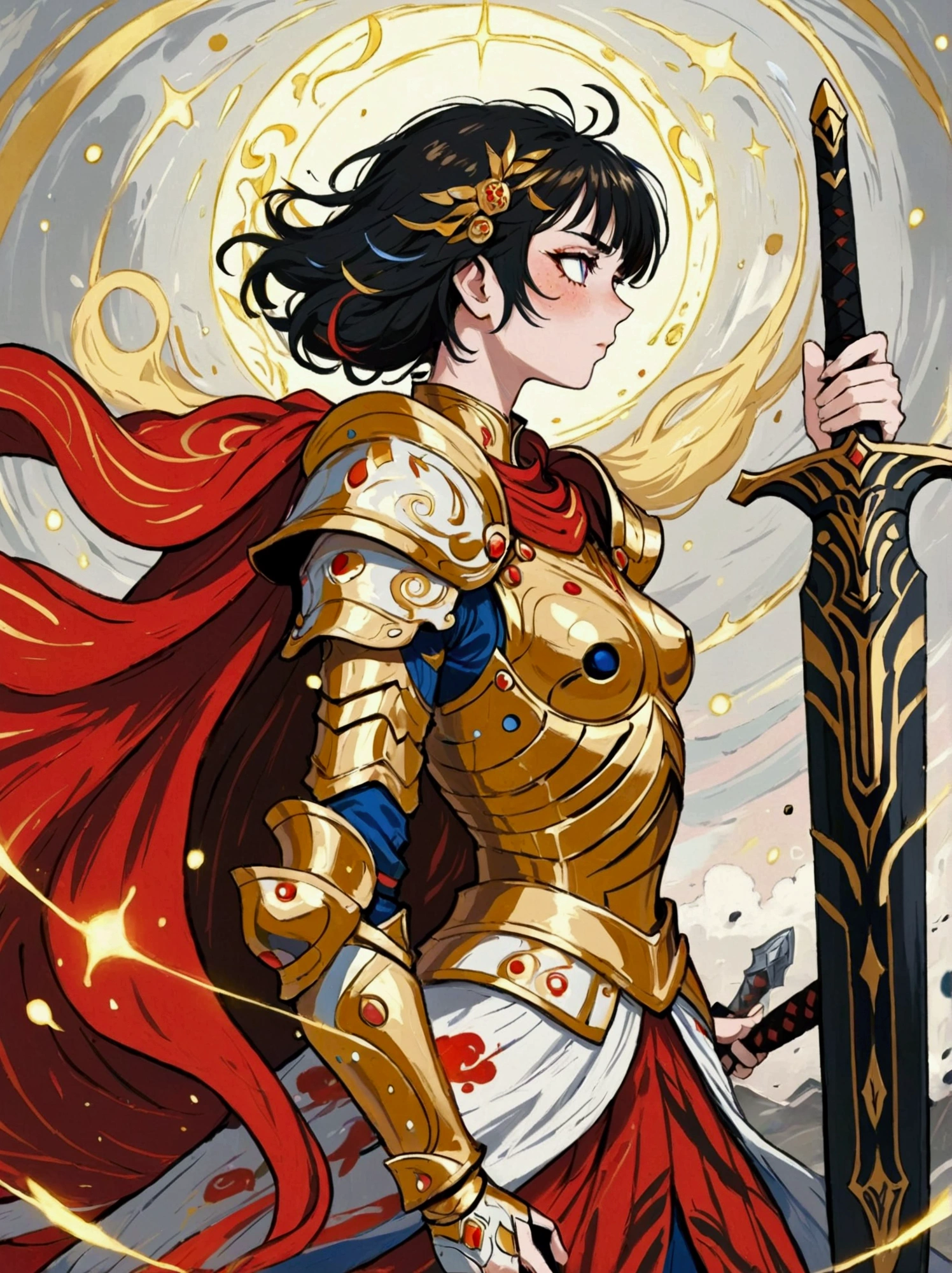 A majestic warrior, swathed in shimmering armor and brandishing a grand sword, is standing in the middle of an intense battle. This scene takes inspiration from the key elements of Gustav Klimt's celebrated golden era. The composition is vibrant and lively, with bold strokes. The palette of colors used are intense, and they beautifully illustrate the raw strength and unwavering spirit of the warrior. This digital painting, employs a myriad of digital techniques, giving it a soft and delicate quality that adds an otherworldly charm to the tumultuous battlefield. Be engrossed in this enthralling world of high fantasy, where lore is crafted and champions vie. Admire the complex adornment of the warrior's armors, the shining edge of the blade, and the active energy of the battle happening before you. Every stroke of this digital work of art catapults you to a universe where bravery and determination are the order of the day.