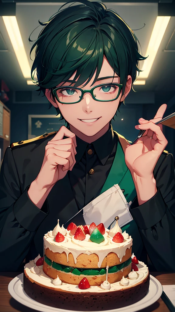 Male student, sweets, Glasses, Dark green short hair, uniform, cake, colored inner hair, smile, Surrealism, cinematic lighting, UHD, high details, highres, best quality, 8k