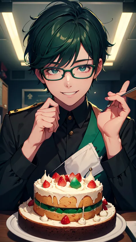 Male student, sweets, Glasses, Dark green short hair, uniform, cake, colored inner hair, smile, Surrealism, cinematic lighting, ...