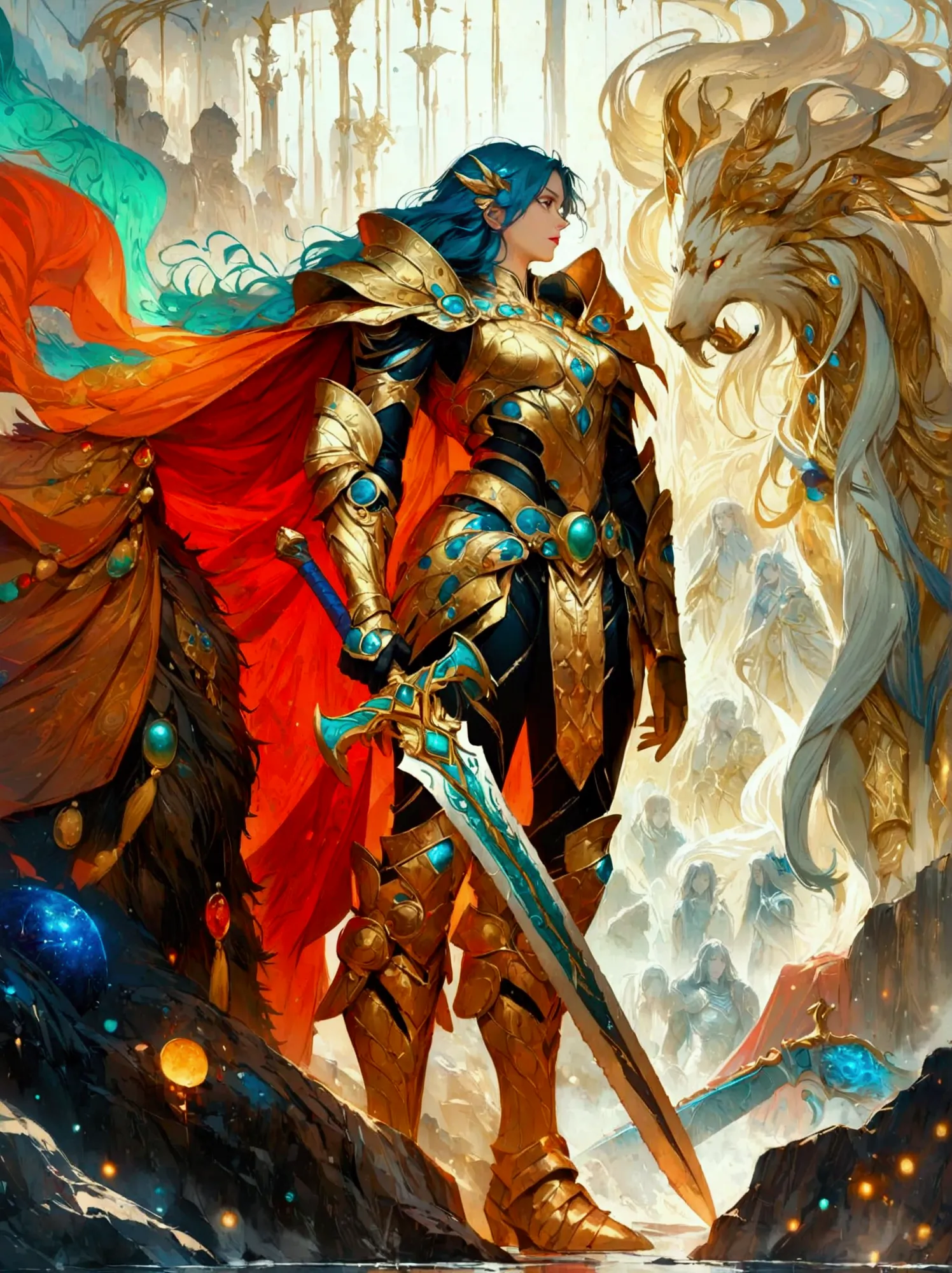 a majestic warrior, swathed in shimmering armor and brandishing a grand sword, is standing in the middle of an intense battle. t...