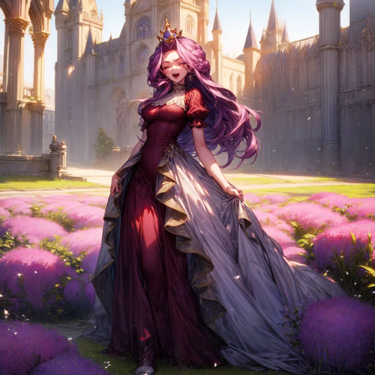 Solo character, full body version, detailed background, detailed clothing, detailed hair, detailed face detailed gesture, girl, purple eyes, lavender color hair, long haircut, long dress Victorian, red color dress, shoes, diamond earrings, outdoor, Castle park, sunlight, close eyes, happy, open mouth, laugh, standing gesture, big Breast, diamond crown