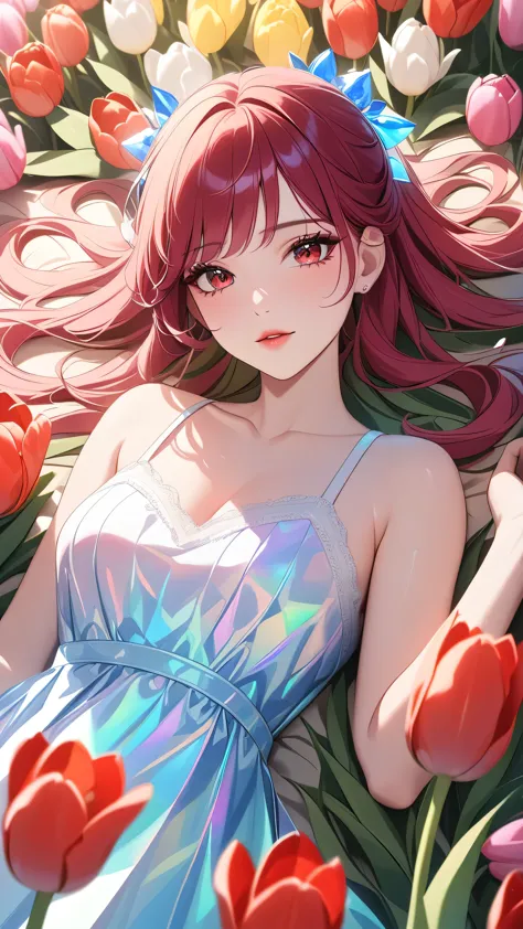 masterpiece, best quality:1.3, 1girl, sun dress,  tulips hair ornaments,laying on tulips garden, detailed face, red eyes, beauti...