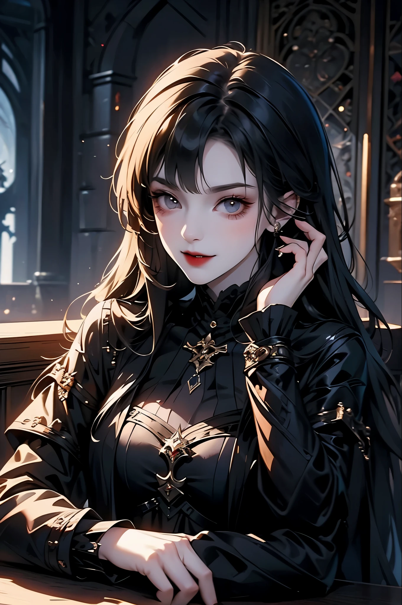 Gothic,vampires, fur armor, castle, black hair, young face, smile, female character, high detail of objects, gloomy environment, horror style, sitting drinking tea,gloomy environment, sword on the table