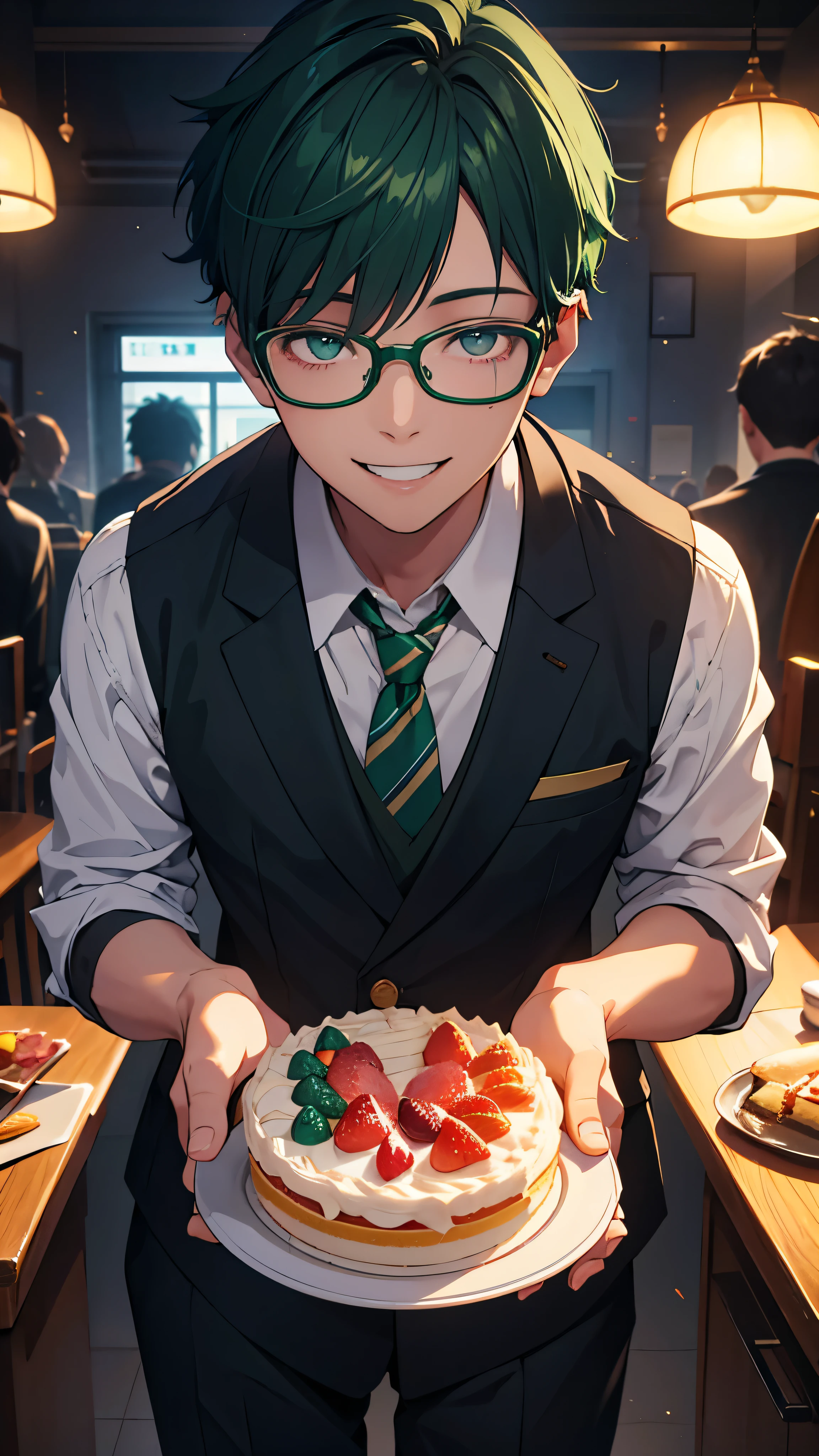 Male student, sweets, Glasses, Dark green short hair, uniform, cake, colored inner hair, smile, シャツ, Surrealism, cinematic lighting, UHD, high details, highres, best quality