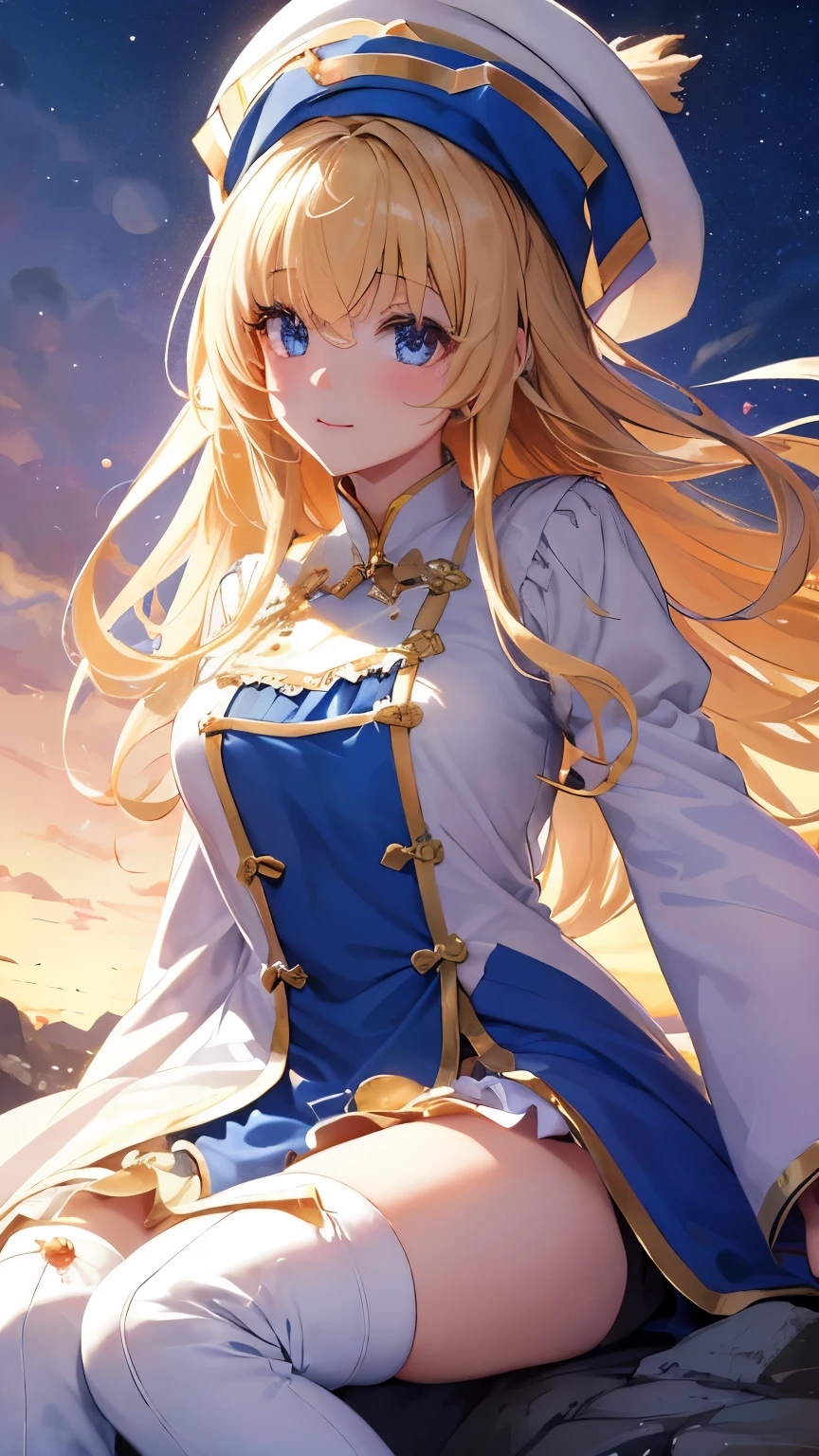 Highest quality、Best image quality、In 8K,4K,masterpiece、Very detailed、beautiful、super high quality、Nice,Game CG,beautiful女の子,Five Fingers,(Upper Body:1.3),Shrine maiden, Blonde, blue eyes, Long Hair, Hair between the eyes,Grab the magic wand,smile,Knee-high boots, dress, Frills袖, Frills, have, White Hat, Pelvic Curtain, High heels, Robe, Thigh-high boots, White thighs, Long sleeve, Puff sleeves,Hair blowing in the wind、Starry Sky,Mysterious Space,(sitting on big rocks),Hold my hand tightly,Light powder