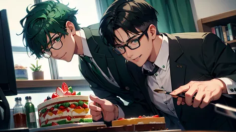 Male student, sweets, Glasses, Dark green short hair, uniform, cake, colored inner hair, smile, シャツ, Surrealism, cinematic light...