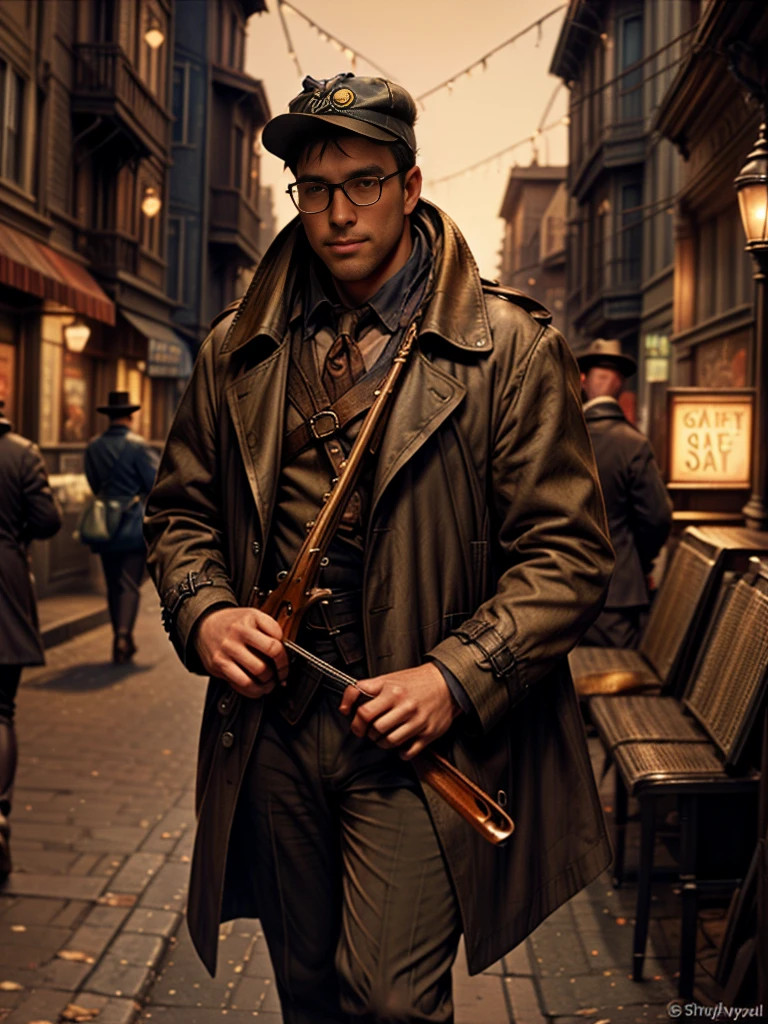 ultra detailed, detailed scenery, realistic image, glasses, balding, full body, screnery, landscape, high quality,(High resolution:1.2),Incredible illustrations, (granblue fantasy) 1boy(Frock coat,slacks,Deerstalker hat)(see through))A street musician playing the violin under the gas lamps of a downtown area(Steampunk)(((sepia-toned)))