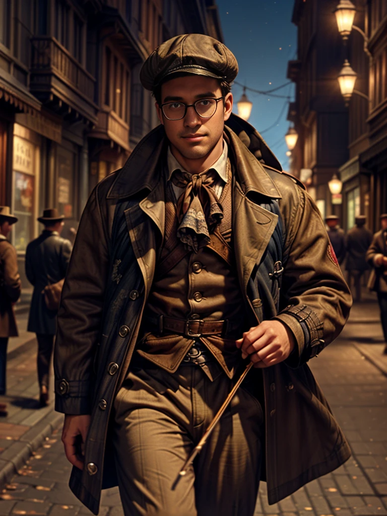 ultra detailed, detailed scenery, realistic image, glasses, balding, full body, screnery, landscape, high quality,(High resolution:1.2),Incredible illustrations, (granblue fantasy) 1boy(Frock coat,slacks,Deerstalker hat)(see through))A street musician playing the violin under the gas lamps of a downtown area(Steampunk)(((sepia-toned)))