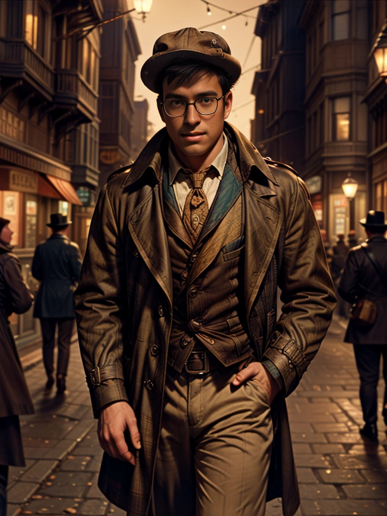 ultra detailed, detailed scenery, realistic image, glasses, balding, full body, screnery, landscape, high quality,(High resolution:1.2),Incredible illustrations, (granblue fantasy) 1boy(Frock coat,slacks,Deerstalker hat)(see through))A street musician playing the violin under the gas lamps of a downtown area(Steampunk)(((sepia-toned)))