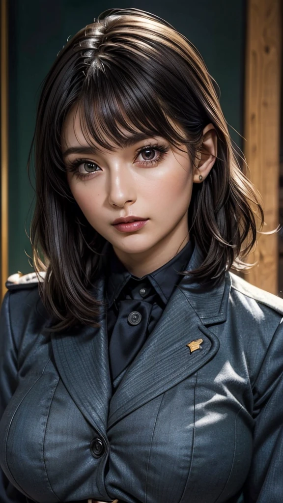 ((Beautiful Face:1.2)), (Purelos Face_v1: 1.0), Half Body,(Highest Resolution, clear_image) Highest quality, Single, One Woman, alone, masterpiece, Very detailed, (realistic), Black short hair, Black Hair, bangs, mature, ((JSDF uniform)), Indoor Background, kind, Authoritative, Powerful, Exquisite facial features, Exquisite facial features,((Natural big breasts:1.2))