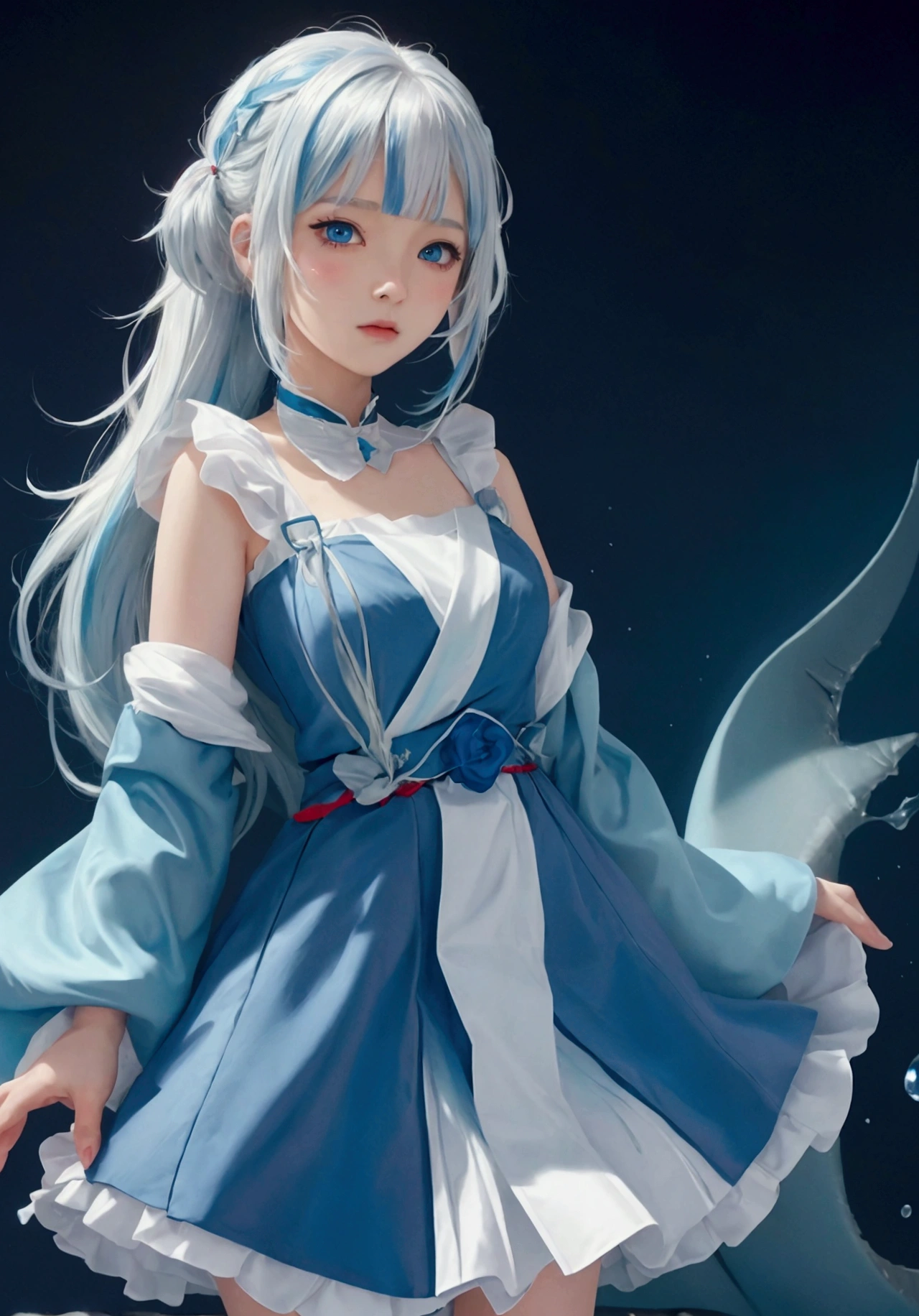 ultra-detailed, highly detailed, best quality, masterpiece, illustration, 
 a girl in a blue dress with white hair and blue eyes is standing in the, splash art anime , wallpaper anime blue water, anime monster girl, anime wallaper, cute anime girl, anime illustration, anime visual of a cute girl, ruan cute vtuber, anthropomorphic shark, anime artwork, cute anime, cute artwork, digital anime art, cute character, cute anime girl portraits, best anime 4k konachan wallpaper, anime character art, with blue skin, anime girl, cute anime style