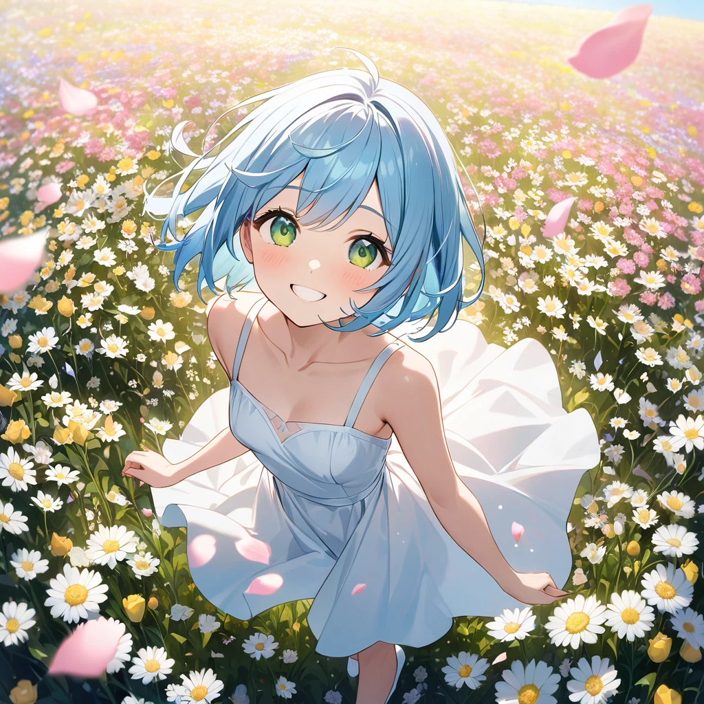 Highest quality、Light blue hair、Short Bob、Deep green eyes、Small breasts,25 years old,A flower field、Mr.々Kinds of flowers are blooming、Petals are dancing in the wind、White dress、Smiling and looking up at the sky。White pumps