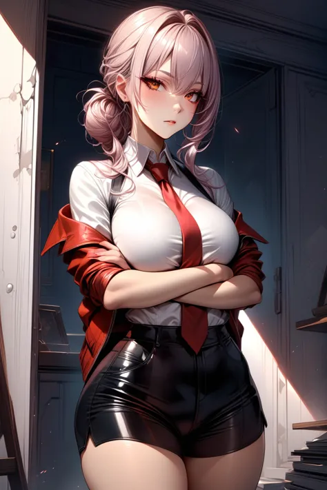 masterpiece, best quality, rating: general, solo, 1girl, makise kurisu, expressionless, crossed arms, jacket, off shoulder, coll...