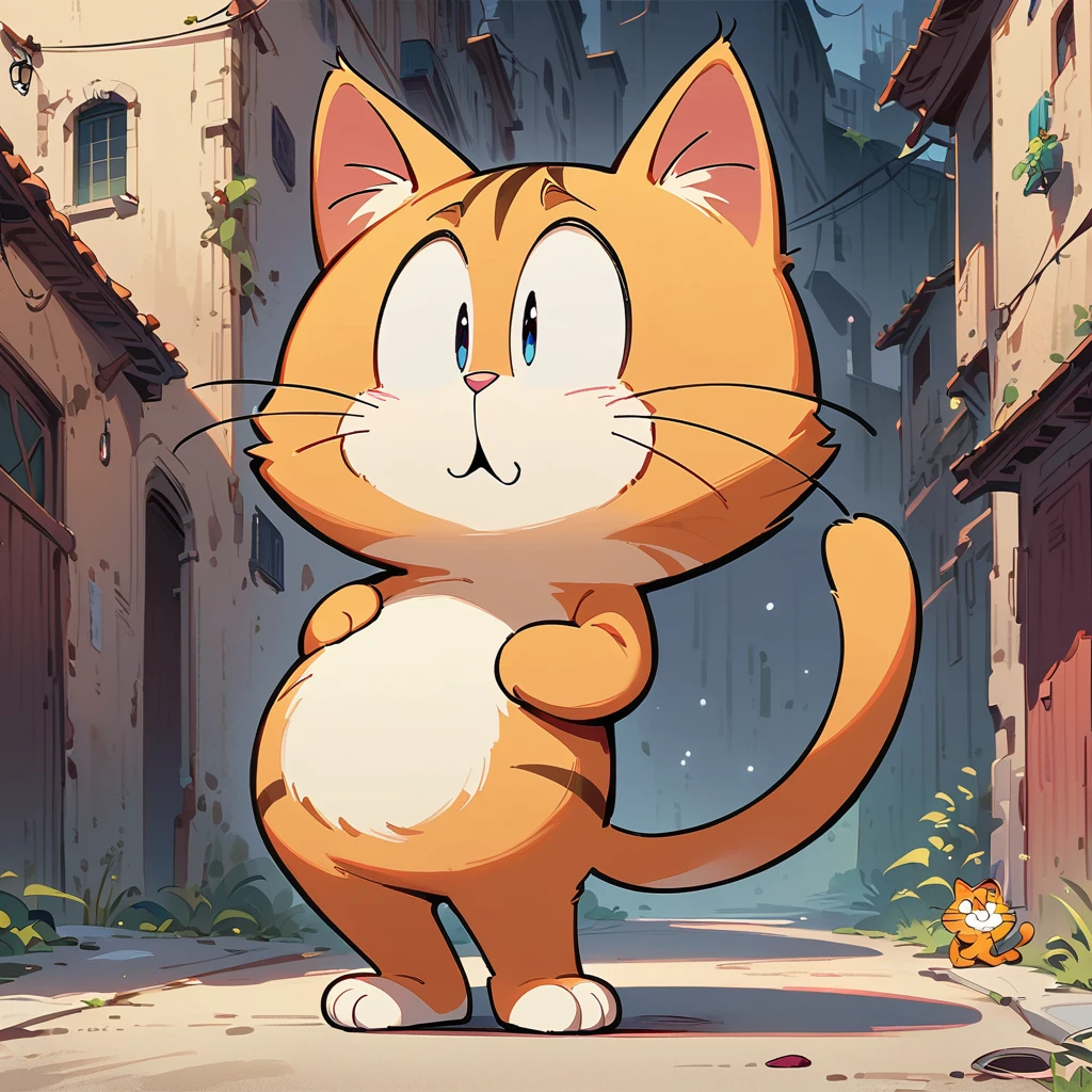 masterpiece, best quality, high resolution, concept art, Garfield cat, standing, dramatic pose, vibrant colors, warm tones, cinematic composition