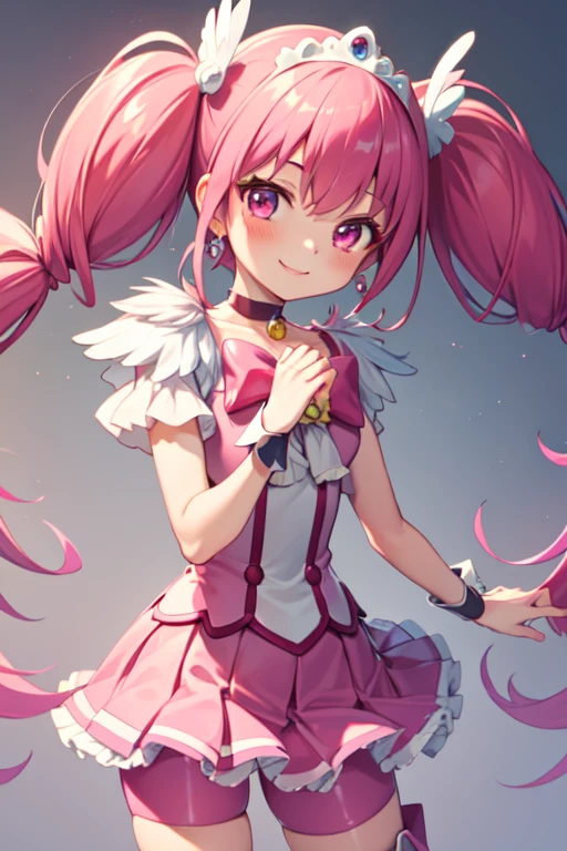 Highest quality, Super detailed, masterpiece, anime, One Girl, alone, Cure Happy, Pink Hair, (Large curls and low twin tails), Feather hair ornament, skirt. tiara, Wrist cuff, (Pink shorts), Pink shorts under skirt, boots, Smile, (Shiny fabric), Cowboy Shot, Pink Gemstones, Are standing, blush, (Beautiful attention to detail), Highly detailed face, Perfect lighting, Highly detailed CG, (Perfect hands, Perfect Anatomy), Shiny material, Pink ribbon, jewelry, Latex gloss,