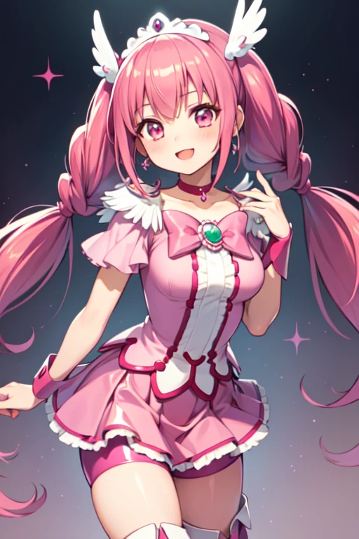 Highest quality, Super detailed, masterpiece, anime, One Girl, alone, Cure Happy, Pink Hair, (Large curls and low twin tails), Feather hair ornament, skirt. tiara, Wrist cuff, (Pink shorts), Pink shorts under skirt, boots, Smile, (Shiny fabric), Cowboy Shot, Pink Gemstones, Are standing, blush, (Beautiful attention to detail), Highly detailed face, Perfect lighting, Highly detailed CG, (Perfect hands, Perfect Anatomy), Shiny material, Pink ribbon, jewelry, Latex gloss,