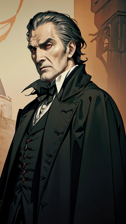 (ChristopherLee_Dracula), (extremely detailed CG unit 8k wallpaper),(master part), (best quality), (ultra detail), (best illustration),(Kojima Ayami Style), cowboy shot, (Sharp eyeliner, ombre, detailed eyes:1), Dracula's Castle, break , upper body