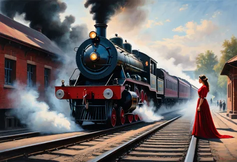 pastel, drawing with dry chalk, dramatic scene at an old railway station, where a steam locomotive approaches a young woman lyin...