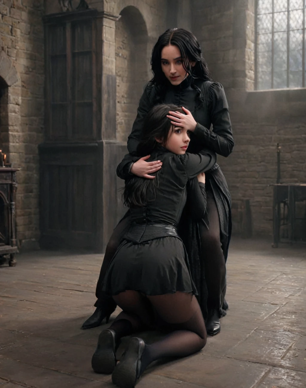 daughter of severus snape, 11 year old , Sexy female BSDM gets down on her knees and hugs an innocent woman&#39;head of、1 female, alone, short black  hair, green eyes , (covered nipples:0.9)、huge breasts, huge ass, ((open crotch)), ((kneel down)),((Please show me your armpits)),((background: dark basement)),(masterpiece), (highest quality), (Super detailed), (Detailed CG illustration), ((very delicate and beautiful)),cinematic light,
