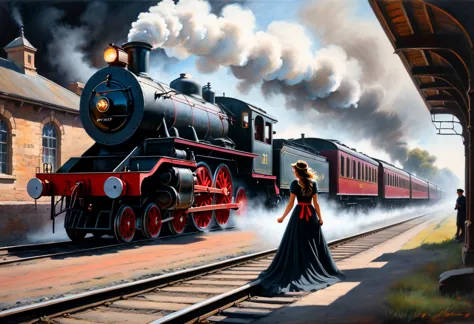 pastel, drawing with dry chalk, dramatic scene at an old railway station, where a steam locomotive approaches a young woman lyin...