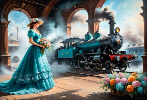 pastel, dry chalk painting,
an old railway station scene with an elegant anna karenina in a turquoise victorian dress and a hat ...