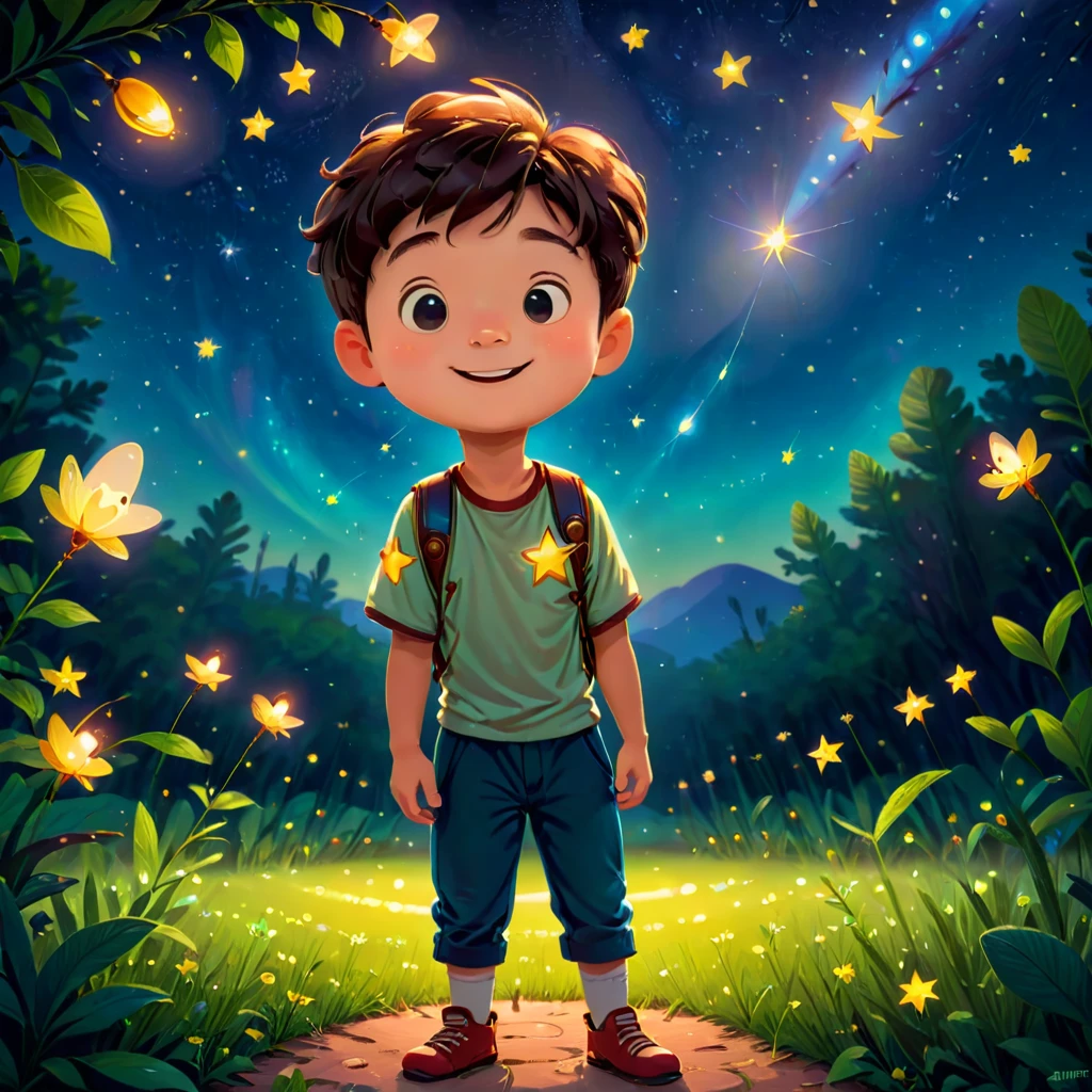 best quality, Masterpiece, Ultra high resolution, clean face, Flat design, wide angle lens, Facing the audience, (boy), lonely, (Faint smile), เสื้อเชิ้ตสีขาวcute, cute, firefly, treat, Zi Hu, star, Glow in the dark