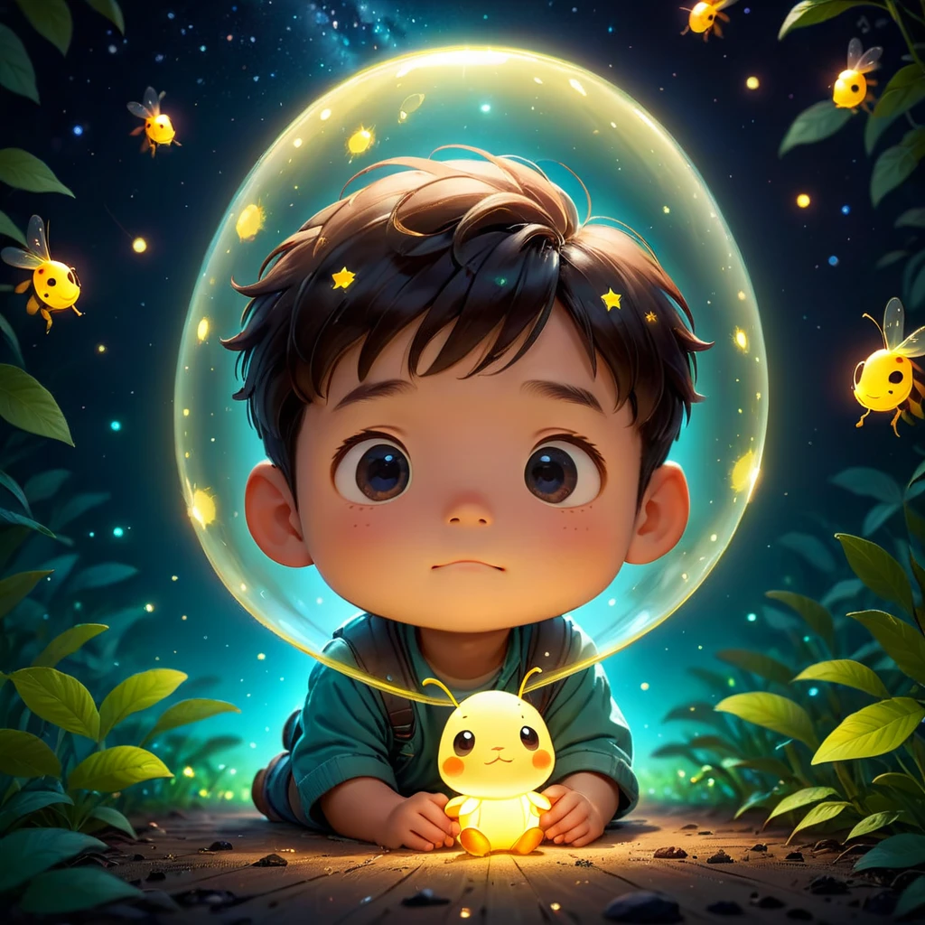 best quality, Masterpiece, Ultra high resolution, clean face, Flat design, wide angle lens, Facing the audience, (boy), lonely, (Faint smile), เสื้อเชิ้ตสีขาวcute, cute, firefly, treat, Zi Hu, star, Glow in the dark