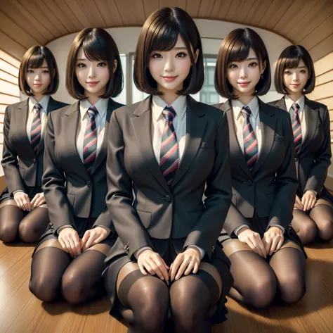 (best quality, masterpiece:1.5), (ultra-detailed, realistic:1.37),4k,(4woman:1.5),japanese,cute,beautiful,(silk office uniform:1...