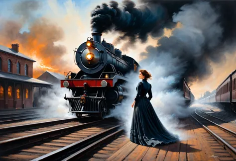 pastel, dry chalk painting,
a dramatic scene of an old railway station with an approaching old steam locomotive. a distressed wo...