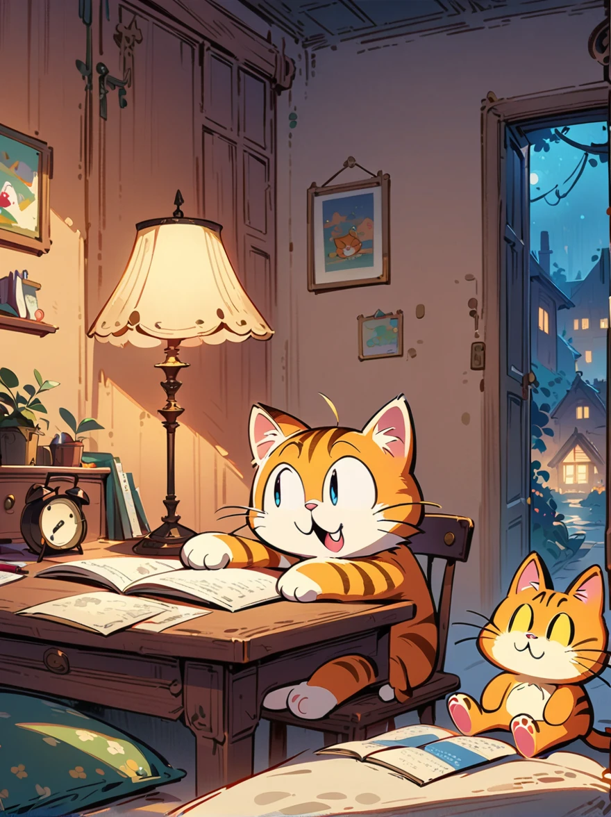 masterpiece, best quality, highres, concept art, a children's book illustration, Garfield cat, sit in bedroom, (studying), solo, focus, lamp, warm lighting, night, cozy atmosphere, vibrant colors, cinematic composition