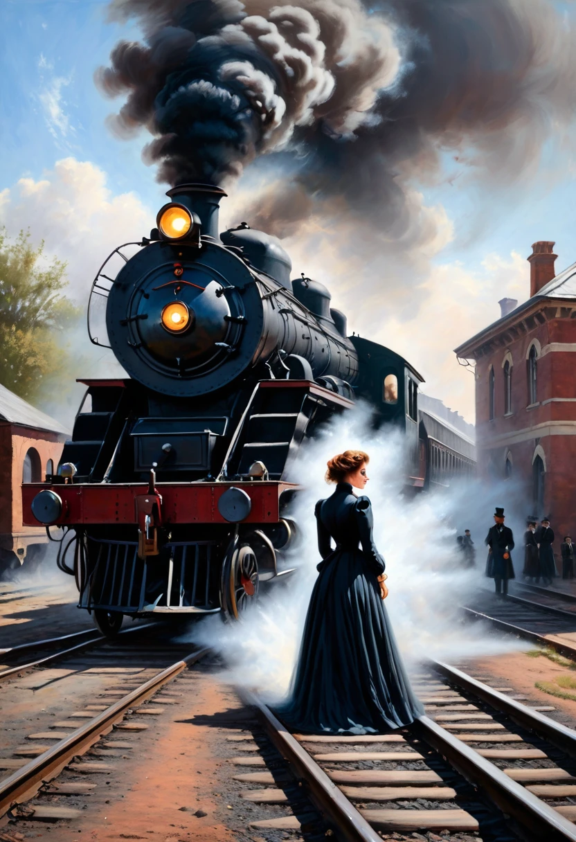 Pastel, dry chalk painting,
A dramatic scene of an old railway station with an approaching old steam locomotive. A distressed woman (((Anna Karenina: 1.5))) in Victorian dress throws herself in front of the locomotive, falling onto the tracks, creating a sense of urgency and danger. The atmosphere is tense, with a sharp contrast between the woman's dark attire and the surroundings, capturing a historical and emotional moment.