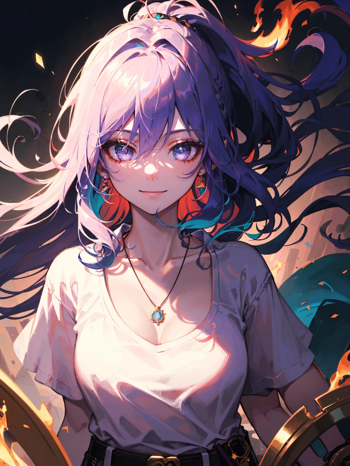 colorful portrait illustration, (attractive female as a wizard, ponytail, wearing casual clothes, t shirt and shorts, white t shirt, neckless, detailed collarbone, perfect collarbone), (necklace, pouches, belts, smiling, highly detailed face, masterpiece, best quality), highly detailed, (in a dungeon), mage_glam, (large glowing runed circles), fire and ice, casting a spell, ultra high resolution, by Alexandre Calame and  Alyssa Monks and Shigeru Ban, detailed iris, sparkle eyes, star in eyes, enchanting pink eyes, (multicolored eyes), (purple hair:1.3), (floating hair:1.3), (hair between eyes), (hair over one eye:1.1), (wavy hair:1.1)