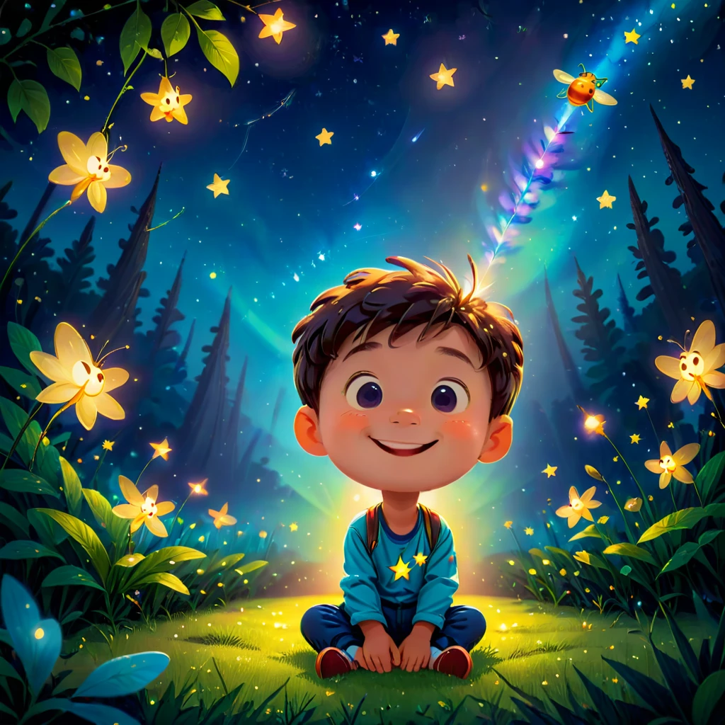 best quality, Masterpiece, Ultra high resolution, clean face, Flat design, wide angle lens, Facing the audience, (boy), lonely, (Faint smile), เสื้อเชิ้ตสีขาวcute, cute, firefly, treat, Zi Hu, star, Glow in the dark