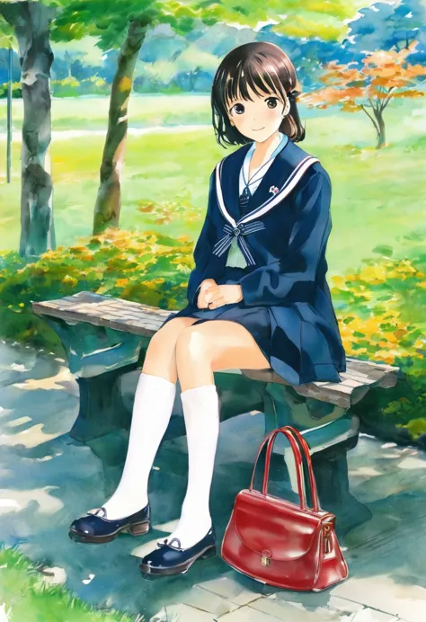 there is a woman sitting on a bench with a purse, seifuku, japanese girls uniform, japanese school uniform, wearing japanese sch...