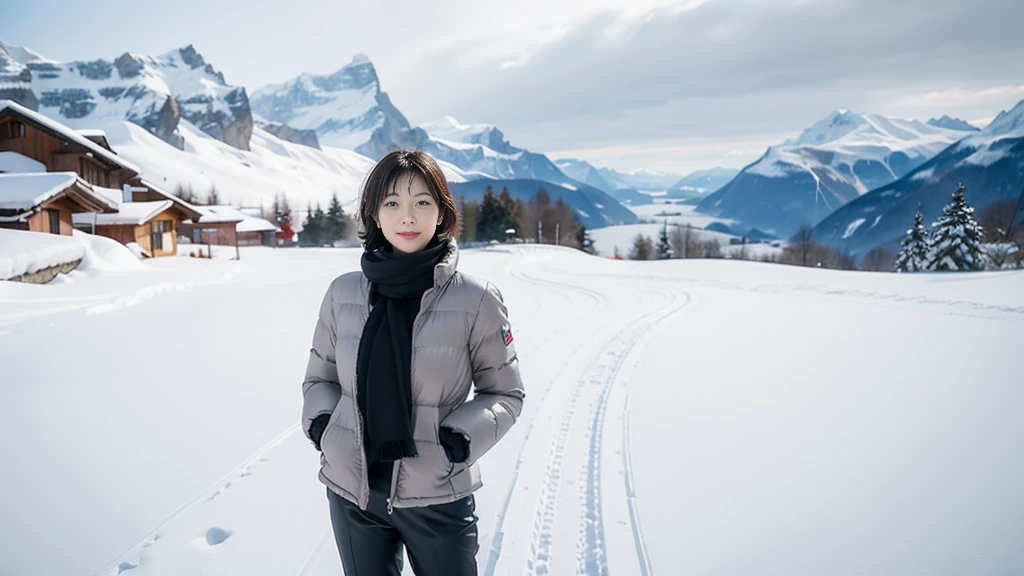 In snowy Switzerland, middle metaverse, with short hair, 3~Female model in her 40s, 4 thousand ], 4K], 37 year old Korean woman, Inspired by movie star Kim Ji-won, View of the snowy landscape of Jungfrau, Switzerland. padded jacket, casual pants. thick muffler、gray muffler, Photo showing the waist area, slightly smiling expression, Slight wrinkles are visible on the face of a woman in her 50s.. casual pants를 입고, Show your waist. Standing on white snow, Woman in her 50s, 1 woman alone, Visible up to the waist