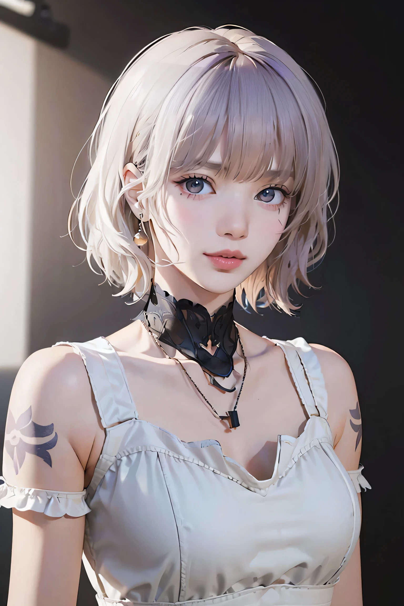 ((Close-up of a woman with tattoos on her chest)), girl, ((Short white hair with bangs, Black strands of hair)), Purple eyes, White T-shirt and white cape, Pendant around the neck. 超High resolution.Photorealistic. 超High resolution.Photorealistic:1.4,超High resolution. Realistic，High resolutionで, masterpiece, Highest quality, Very detailed, Better Shadows, Volumetric lighting), super high quality, High resolution, 8k, Ultra-Realistic Portraits , Photorealistic, Dynamic Lighting, Volumetric lighting, Very detailed顔,