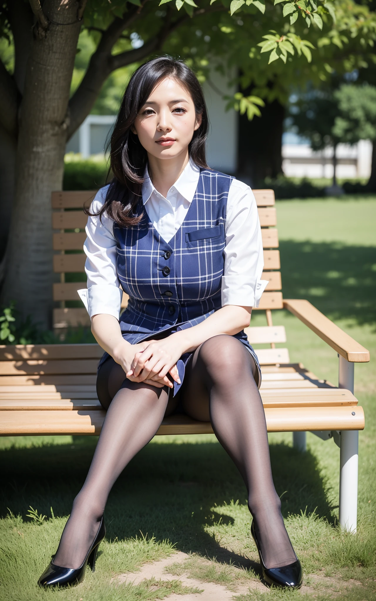 Ulchan-6500-v1.1, (RAW photo:1.2), (Photoreal), (genuine:1.4), １milf, perfect anatomy, 48 years old, plump body:0.5,  look at the viewer, medium long hair, Plaid vest, ((sit on the grass and open legs:1.0))、(super realistic pantyhose:1.2), (high heels), (business services)、under shade of tree