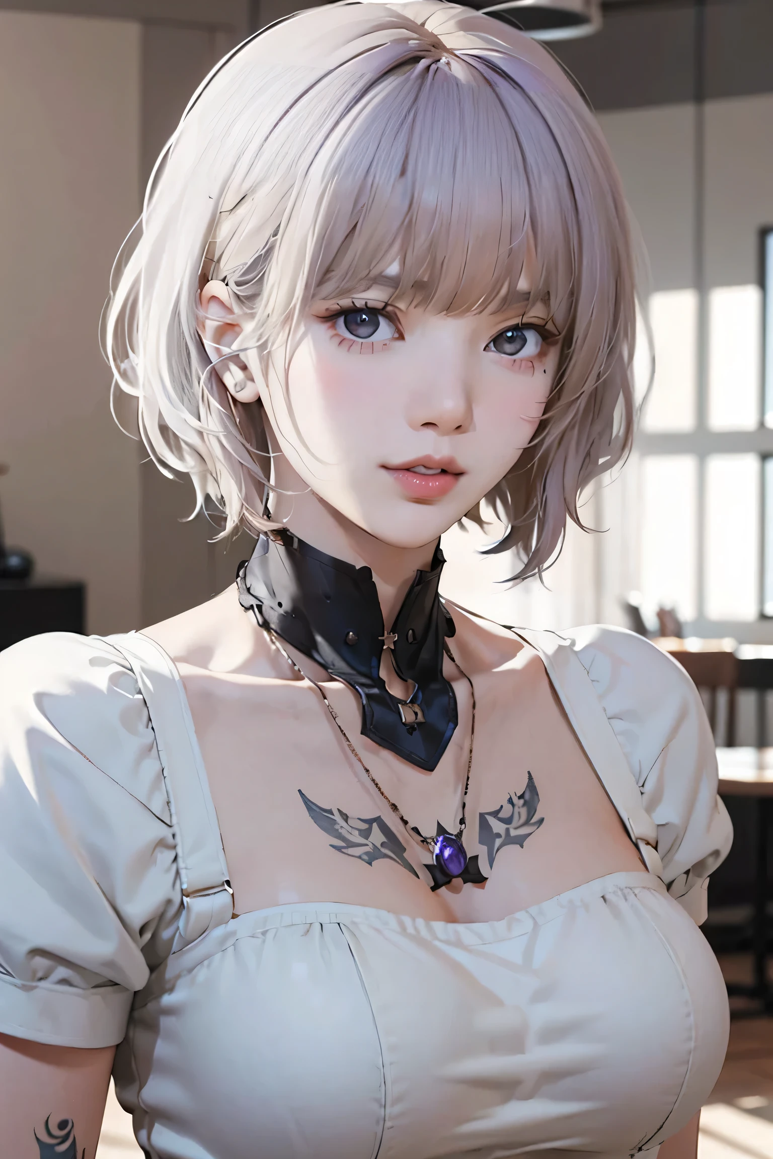 ((Close-up of a woman with tattoos on her chest)), girl, ((Short white hair with bangs, Black strands of hair)), Purple eyes, White T-shirt and white cape, Pendant around the neck. 超High resolution.Photorealistic. 超High resolution.Photorealistic:1.4,超High resolution. Realistic，High resolutionで, masterpiece, Highest quality, Very detailed, Better Shadows, Volumetric lighting), super high quality, High resolution, 8k, Ultra-Realistic Portraits , Photorealistic, Dynamic Lighting, Volumetric lighting, Very detailed顔,(NSFW:0.8),Large Breasts