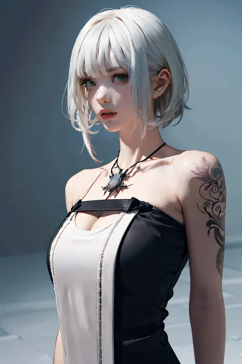 ((close-up of a woman with tattoos on her chest)), girl, ((short white hair with bangs, black strands of hair)), purple eyes, wh...