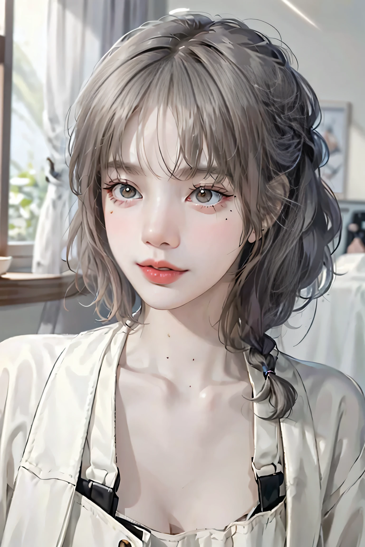 (Highest quality, masterpiece:1.2), Ultra-high resolution, Realist, Front lighting, Intricate details, Exquisite detail and texture, 1 girl, alone ,(young), Facial highlights, Upper body, Detailed face, Teardrop Mole, white skin, Silver Hair, Horse tail, Braid, Looking at the audience, Big eyes, that robe, (Hollow pattern, white, that), Earrings, Large Breasts, Skinny body, Luxurious Room, Professional Lighting, Photon Mapping, Radio City, Physically Based Rendering,