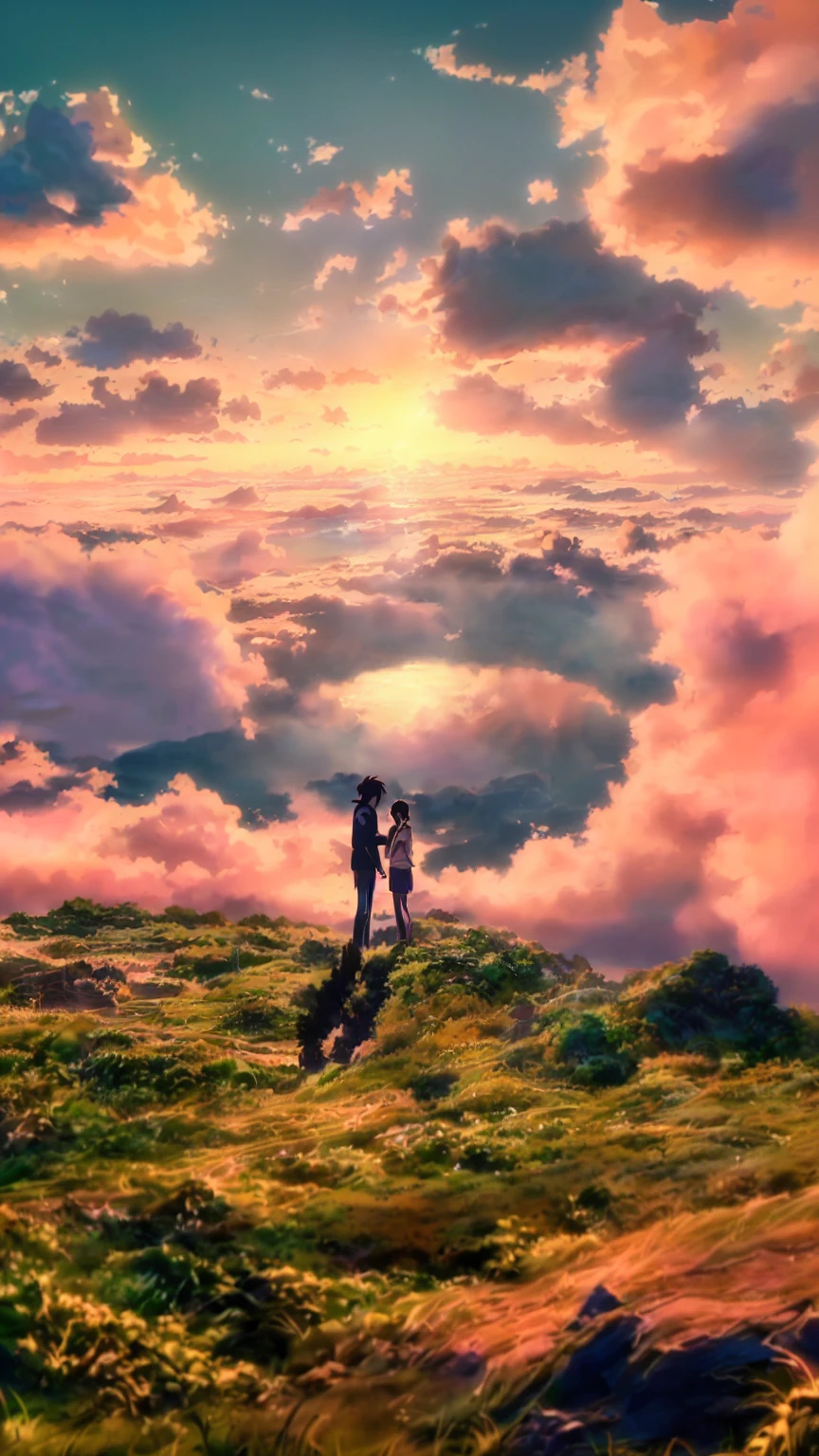 Animation scene of a man and woman walking on a hill, makoto shinkai cyril rolando, Studio Ghibli Sky, Makoto Shinkai. Octane Rendering, ( ( Makoto Shinkai ) ), makoto shinkai and bioware, Studio Ghibli Nikko, Makoto Shinkai. —h 2160, yourname, Makoto Shinkai movie