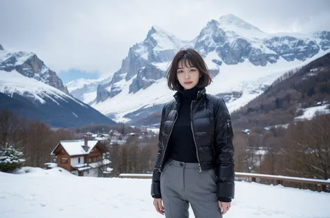 in snowy switzerland, middle metaverse, with short hair, 3~female model in her 40s, 4 thousand ], 4k], 37 year old korean woman,...