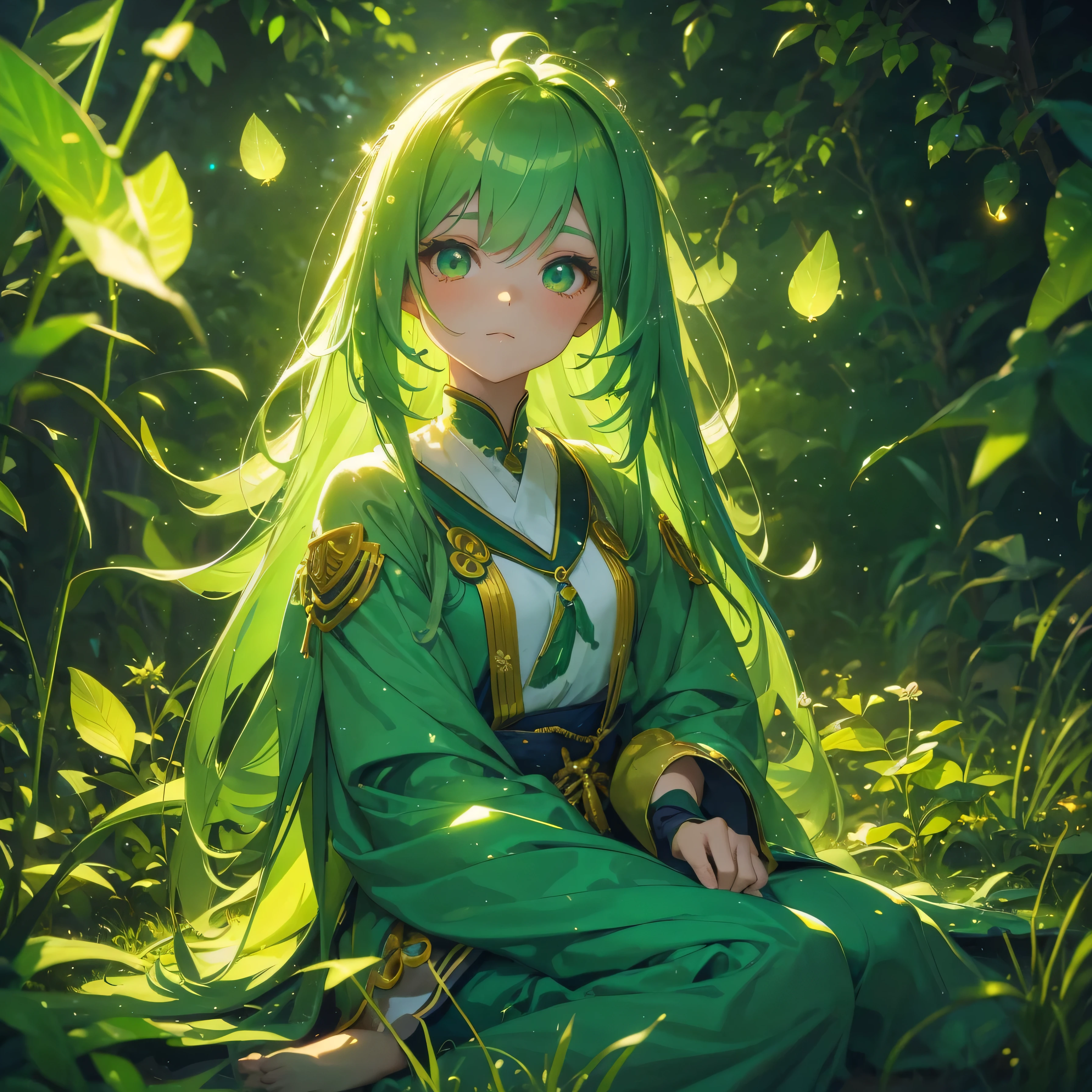 A cute green long hair girl in a traditional attire, sitting on the ground surrounded by luminous plants and fireflies, with a background in the style of an anime, full body portrait, dreamy colors, a fantasy world, nightcore, Y2K aesthetic, Fireflies,