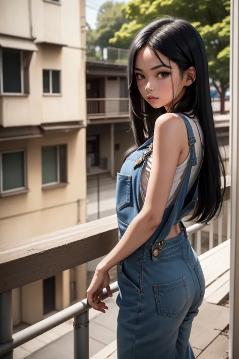 a girl with long black hair stands by a railing outside wearing denim overalls, 1girl, overalls, solo, long hair, naked overalls...