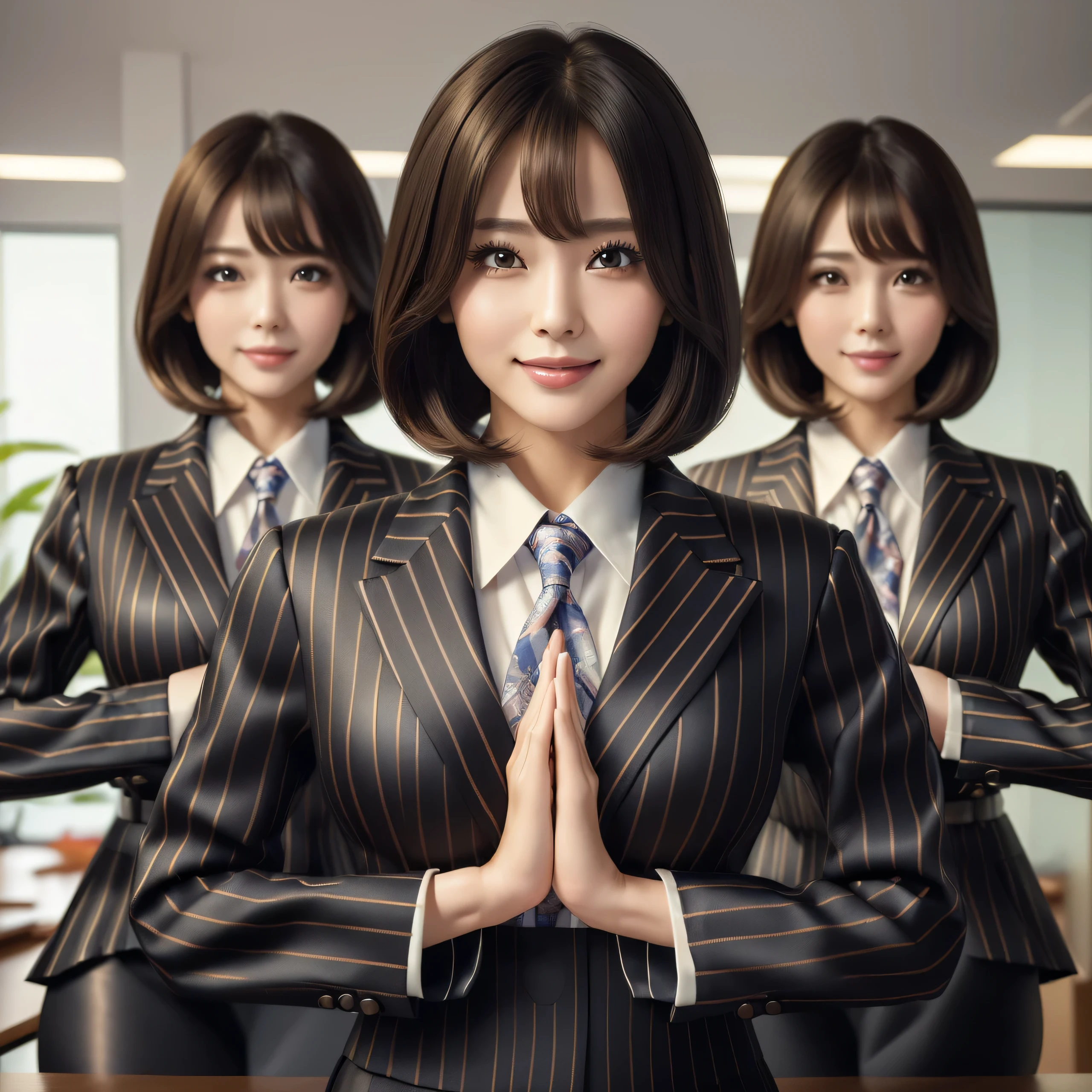 (best quality, masterpiece:1.5), (ultra-detailed, realistic:1.37),4K,(4woman:1.5),japanese,cute,beautiful,(office uniform:1.2),(tight skirt:1.2),(black pantyhose),(seiza),(big breast),(see through blouse),(bra),smile,