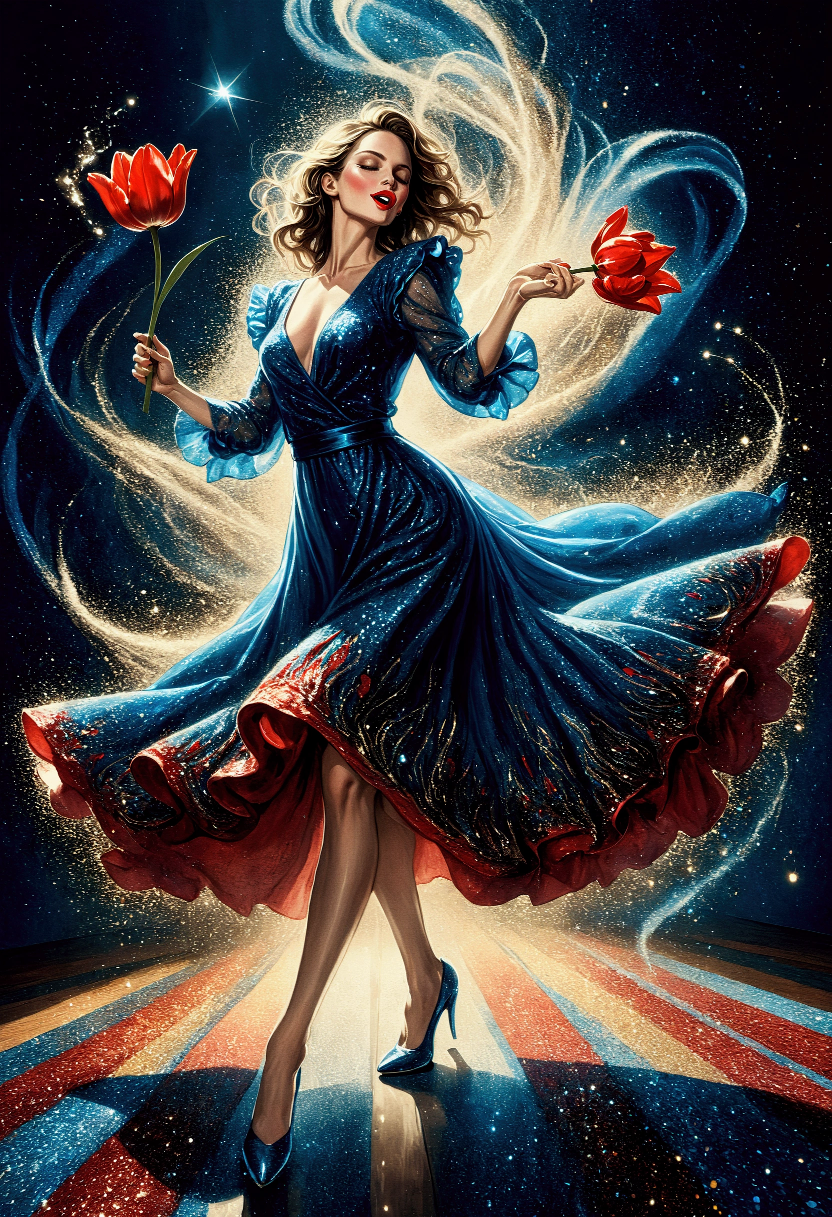 Illustration of Spanish dancer dancing passionately with one red tulip in her mouth, (Woman holding a tulip in her mouth:1.3), arms outstretched and spinning, glitter dress, high heels, smoke swirling in the background, illuminated by blue lights, Masterpiece,Best Quality, high Detailes, 8K