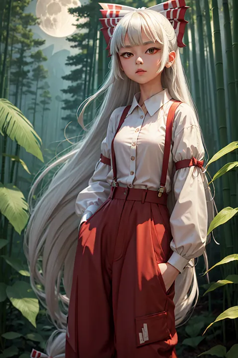 a girl in full outfit standing in full moon with plants behind her, fujiwara no mokou, bamboo, 1girl, bamboo forest, long hair, ...