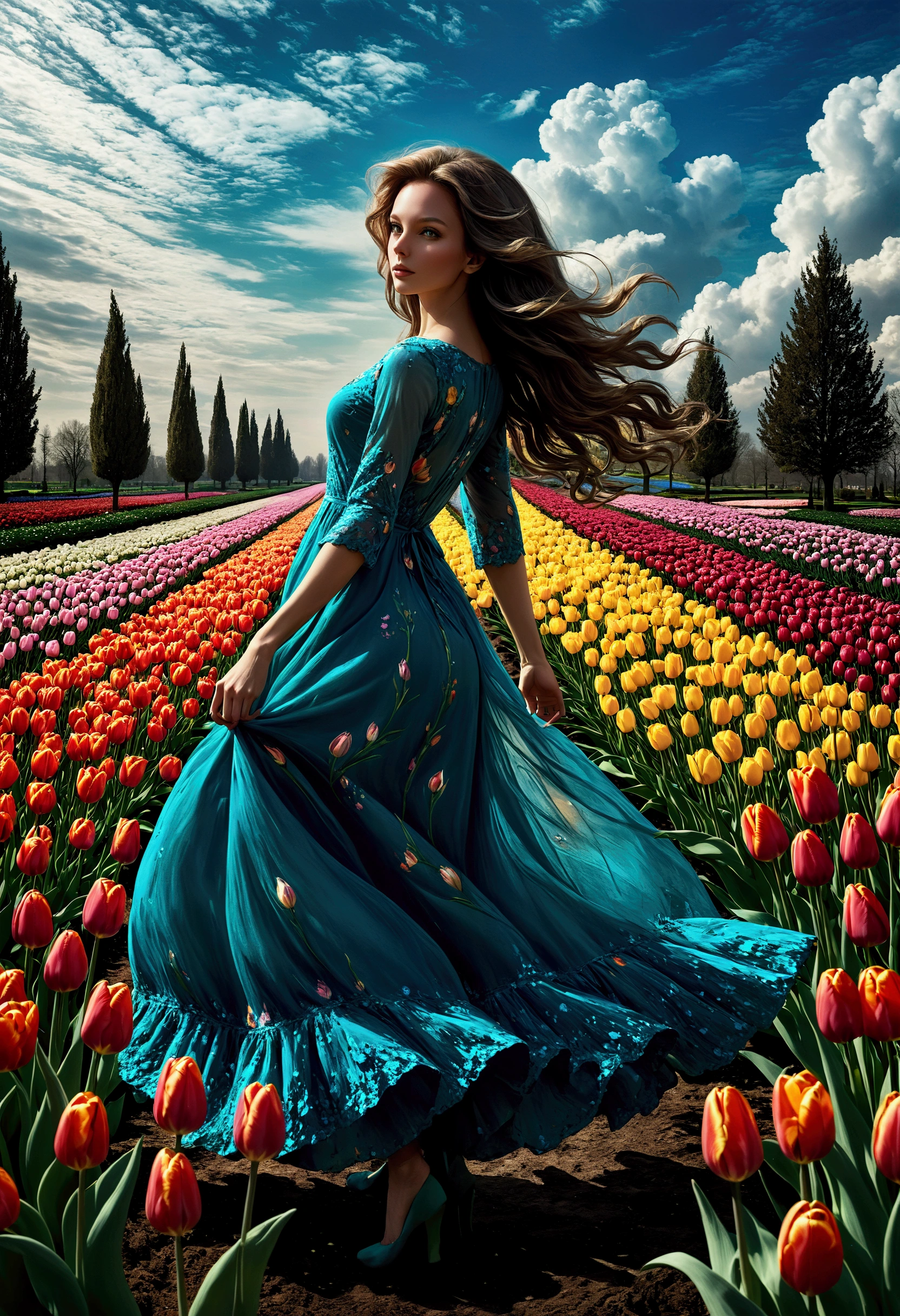 Beautiful woman, long hair, loose curls, graceful pose, tulip dress, tulips in 10 colours, vibrant colours, silhouette flowing along body, graceful pose, flower garden, mysterious atmosphere, detailed petals, graceful, elegant, flower garden, sky, clouds, sophisticated, digital art, artwork, HDR, Masterpiece, Best Quality, high Detailes, 8K
