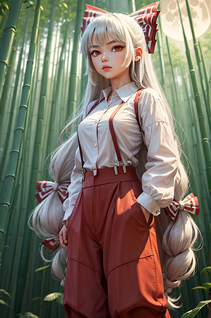 a girl in full outfit standing in full moon with plants behind her, fujiwara no mokou, bamboo, 1girl, bamboo forest, long hair, shirt, pants, solo, moon, red eyes, red pants, night, hair bow, suspenders, white shirt, hands in pockets, bow, full moon, white hair, from below, forest, white bow, looking at viewer, bangs, outdoors, baggy pants, nature, sky, breasts, collared shirt